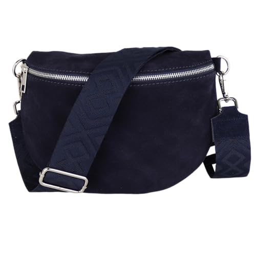 MIRROSI Damen Bauchtasche aus Wildleder, Made in Italy. Als Umhängetasche, Brust- oder Schultertasche tragbar, 26x20x8 cm, Reißverschlussfach hinten. (Upgrade Version: Wildleder Navy Fischgrät) von MIRROSI