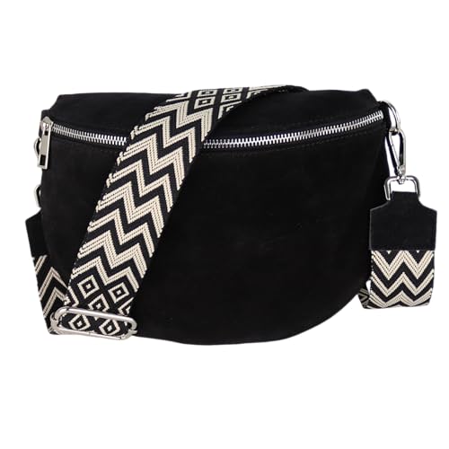 MIRROSI Damen Bauchtasche aus Wildleder, Made in Italy. Als Umhängetasche, Brust- oder Schultertasche tragbar, 26x20x8 cm, Reißverschlussfach hinten. (Upgrade Version: Wildleder Schwarz Boho) von MIRROSI