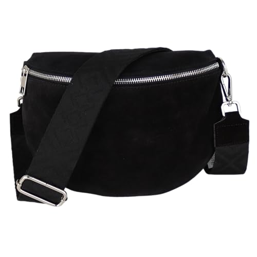 MIRROSI Damen Bauchtasche aus Wildleder, Made in Italy. Als Umhängetasche, Brust- oder Schultertasche tragbar, 26x20x8 cm, Reißverschlussfach hinten. (Upgrade Version: Wildleder Schwarz Fischgrät) von MIRROSI