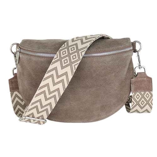 MIRROSI Damen Bauchtasche aus Wildleder, Made in Italy. Als Umhängetasche, Brust- oder Schultertasche tragbar, 26x20x8 cm, Reißverschlussfach hinten. (Upgrade Version: Wildleder Taupe Boho) von MIRROSI