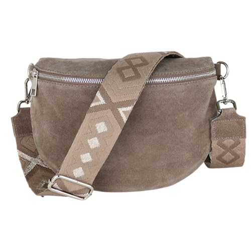 MIRROSI Damen Bauchtasche aus Wildleder, Made in Italy. Als Umhängetasche, Brust- oder Schultertasche tragbar, 26x20x8 cm, Reißverschlussfach hinten. (Upgrade Version: Wildleder Taupe Fischgrät) von MIRROSI