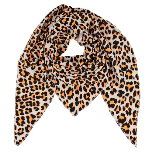 MIRROSI Damen Musselin Halstuch Made in Italy mit Leoprint oder Unifarben – Leichtes Dreieckstuch für Frühling & Sommer, Baumwolle, 200x80 cm (Leo Beige Schwarz Orange) von MIRROSI