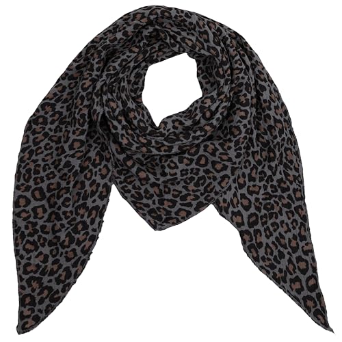 MIRROSI Damen Musselin Halstuch Made in Italy mit Leoprint oder Unifarben – Leichtes Dreieckstuch für Frühling & Sommer, Baumwolle, 200x80 cm (Leo Grau Schwarz Taupe) von MIRROSI