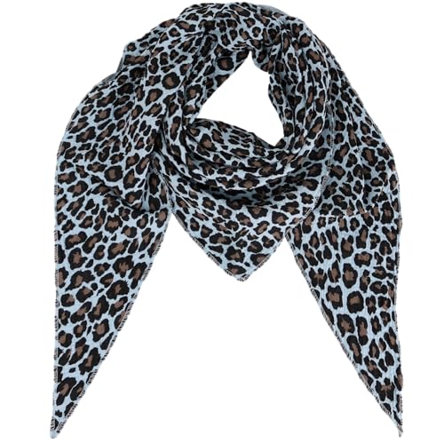 MIRROSI Damen Musselin Halstuch Made in Italy mit Leoprint oder Unifarben – Leichtes Dreieckstuch für Frühling & Sommer, Baumwolle, 200x80 cm (Leo Hellblau Schwarz Taupe) von MIRROSI