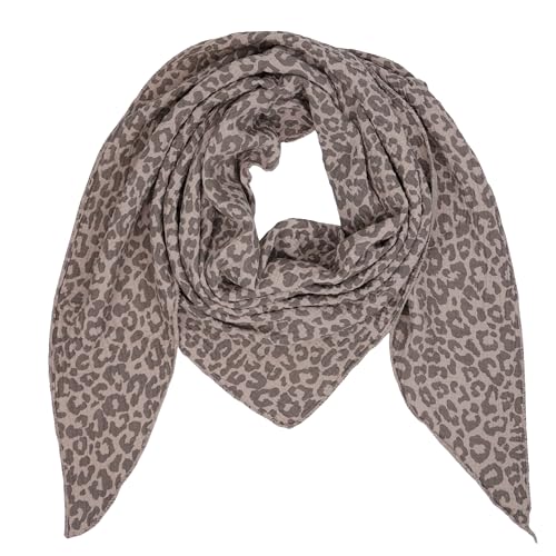 MIRROSI Damen Musselin Halstuch Made in Italy mit Leoprint oder Unifarben – Leichtes Dreieckstuch für Frühling & Sommer, Baumwolle, 200x80 cm (Leo Helltaupe Taupe) von MIRROSI