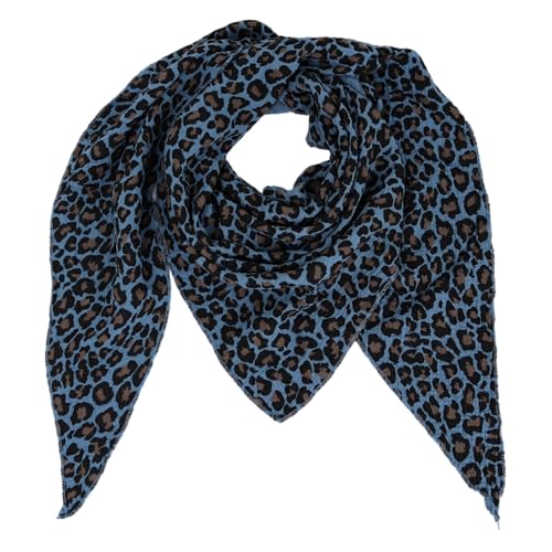 MIRROSI Damen Musselin Halstuch Made in Italy mit Leoprint oder Unifarben – Leichtes Dreieckstuch für Frühling & Sommer, Baumwolle, 200x80 cm (Leo Jeansblau Schwarz Taupe) von MIRROSI