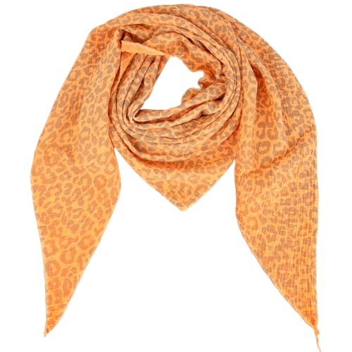 MIRROSI Damen Musselin Halstuch Made in Italy mit Leoprint oder Unifarben – Leichtes Dreieckstuch für Frühling & Sommer, Baumwolle, 200x80 cm (Leo Neo Orange Braun) von MIRROSI