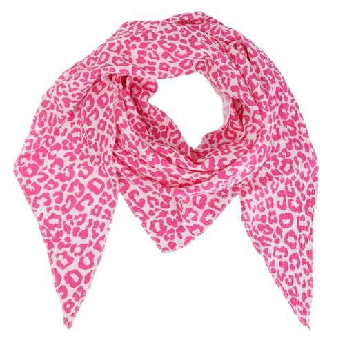 MIRROSI Damen Musselin Halstuch Made in Italy mit Leoprint oder Unifarben – Leichtes Dreieckstuch für Frühling & Sommer, Baumwolle, 200x80 cm (Leo Pink Weiß) von MIRROSI