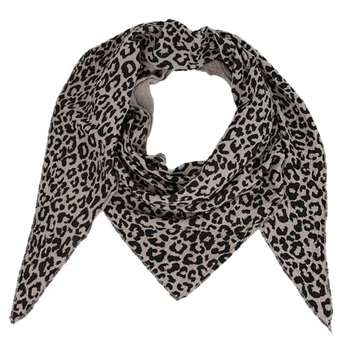 MIRROSI Damen Musselin Halstuch Made in Italy mit Leoprint oder Unifarben – Leichtes Dreieckstuch für Frühling & Sommer, Baumwolle, 200x80 cm (Leo Schwarz Taupe) von MIRROSI