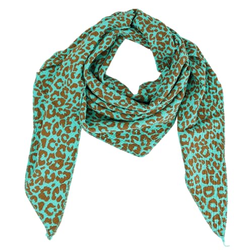 MIRROSI Damen Musselin Halstuch Made in Italy mit Leoprint oder Unifarben – Leichtes Dreieckstuch für Frühling & Sommer, Baumwolle, 200x80 cm (Leo Türkis Braun) von MIRROSI