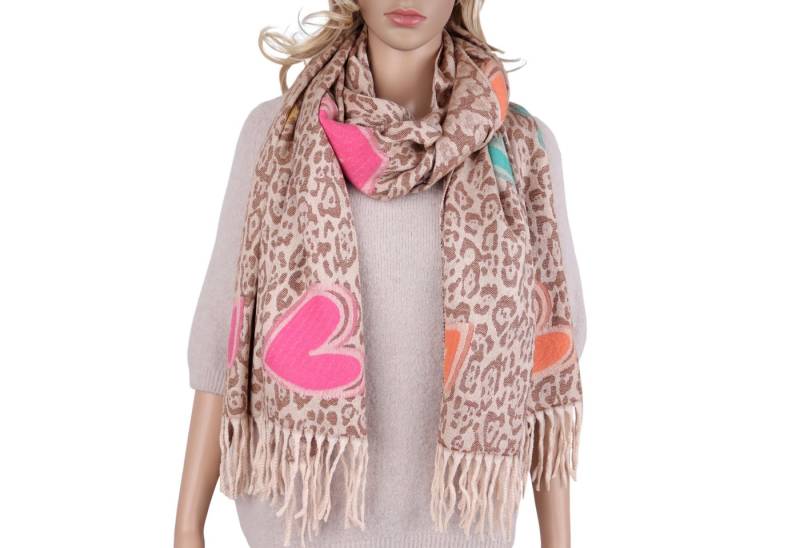 MIRROSI Modeschal weicher und warmer Schal Leo Herzen mit Fransen, 66 x180cm, (Leo Herzen Muster, ca.270 Gramm, Neue Kollektion Herbst/Winter 2025), Damen Halstuch ideal für Herbst und Winter von MIRROSI