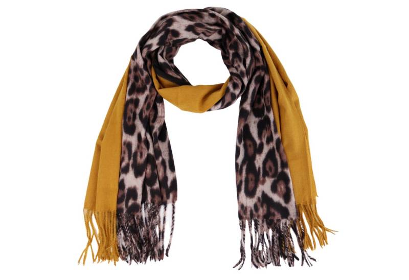 MIRROSI Modeschal weicher und warmer Schal Leo Uni Muster mit Fransen, 70x180cm, (angesagtes Leomuster Leo Leopard Muster trifft Uni Farben), Damen Halstuch ideal für Herbst und Winter von MIRROSI