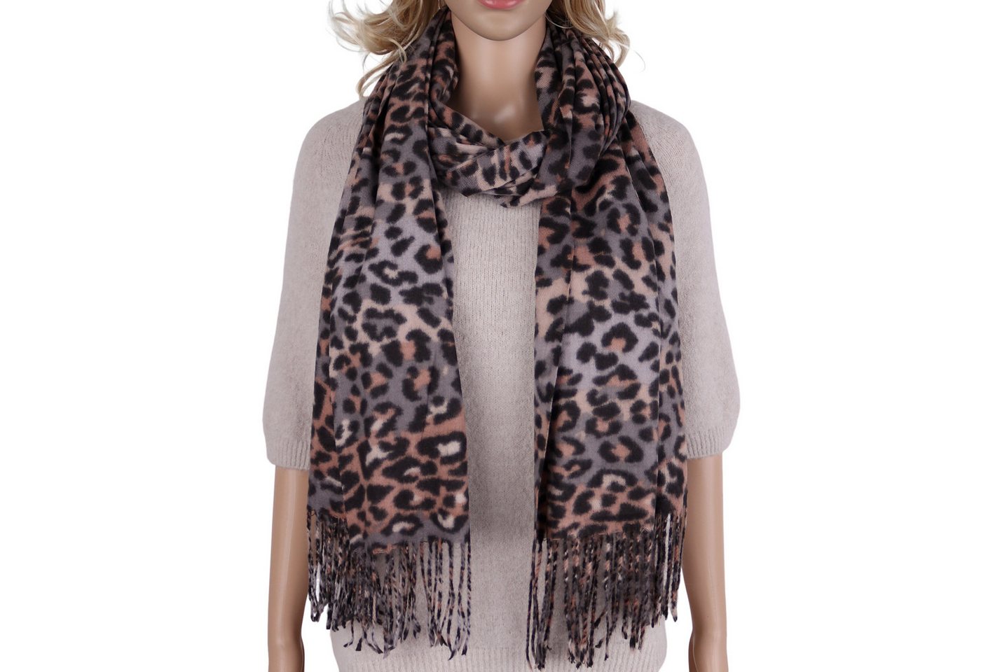 MIRROSI Modeschal weicher und warmer Schal mit Fransen, ca.70x180cm, (Leo Leopard Muster), Damen Halstuch ideal für Herbst und Winter von MIRROSI