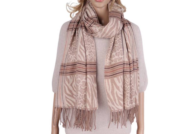 MIRROSI Modeschal weicher und warmer Schal mit Fransen, ca.70x180cm, (Leo- & Zebra-Muster mit Karomix), Damen Halstuch ideal für Herbst und Winter von MIRROSI