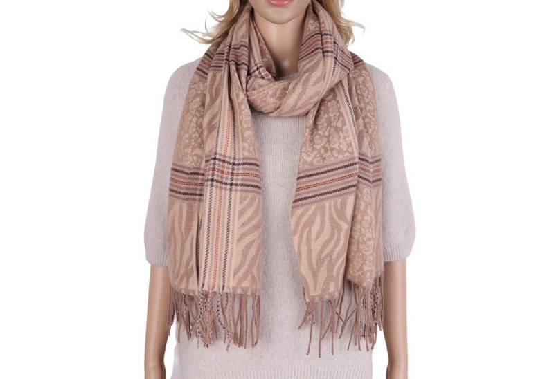 MIRROSI Modeschal weicher und warmer Schal mit Fransen, ca.70x180cm, (Leo- & Zebra-Muster mit Karomix), Damen Halstuch ideal für Herbst und Winter von MIRROSI