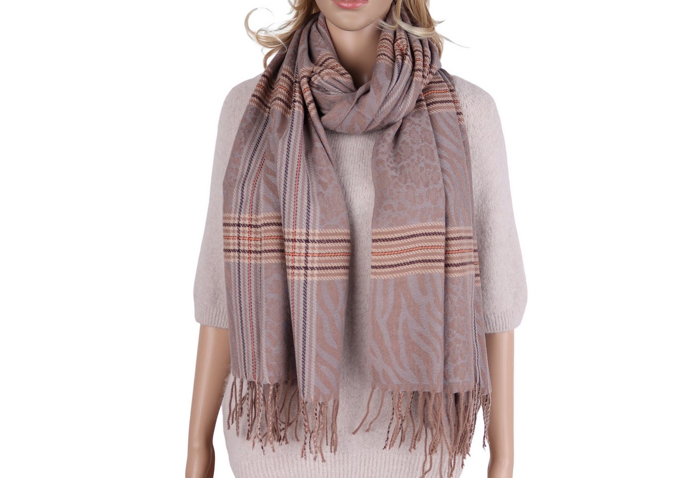 MIRROSI Modeschal weicher und warmer Schal mit Fransen, ca.70x180cm, (Leo- & Zebra-Muster mit Karomix), Damen Halstuch ideal für Herbst und Winter von MIRROSI