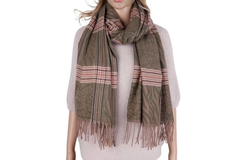MIRROSI Modeschal weicher und warmer Schal mit Fransen, ca.70x180cm, (Leo- & Zebra-Muster mit Karomix), Damen Halstuch ideal für Herbst und Winter von MIRROSI