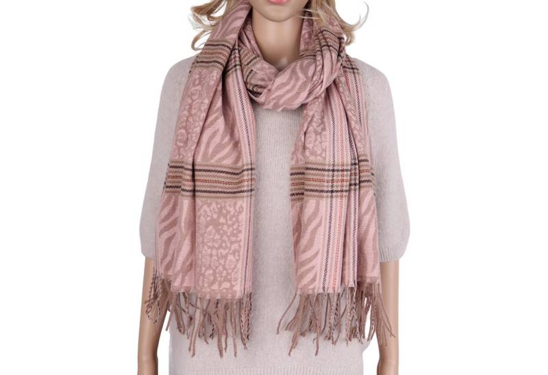 MIRROSI Modeschal weicher und warmer Schal mit Fransen, ca.70x180cm, (Leo- & Zebra-Muster mit Karomix), Damen Halstuch ideal für Herbst und Winter von MIRROSI