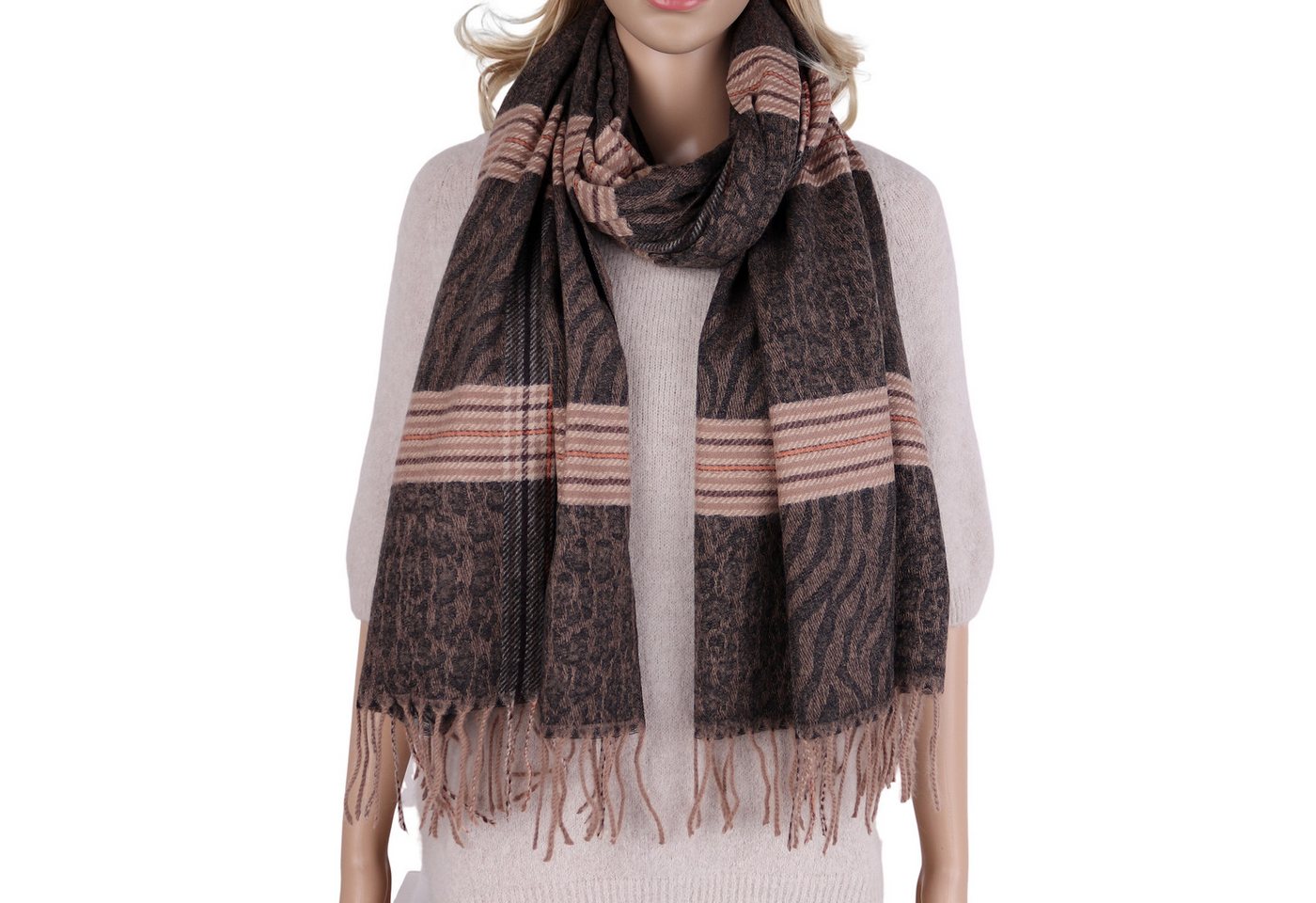 MIRROSI Modeschal weicher und warmer Schal mit Fransen, ca.70x180cm, (Leo- & Zebra-Muster mit Karomix), Damen Halstuch ideal für Herbst und Winter von MIRROSI
