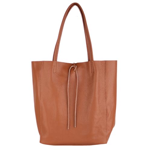 MIRROSI Shopper Damen aus Echtleder – Made in Italy – Henkeltasche & Tragetasche 38x38x16 cm – Einkaufstasche in vielen trendigen Farben – passt für A4-Ordner (Cognac) von MIRROSI