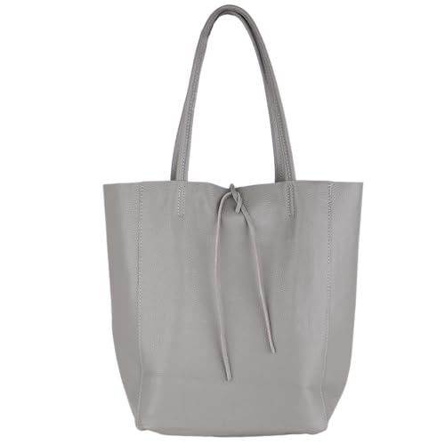 MIRROSI Shopper Damen aus Echtleder – Made in Italy – Henkeltasche & Tragetasche 38x38x16 cm – Einkaufstasche in vielen trendigen Farben – passt für A4-Ordner (Grau) von MIRROSI