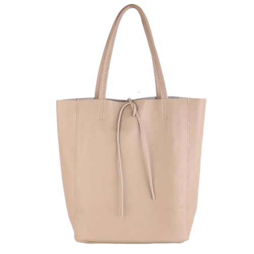 MIRROSI Shopper Damen aus Echtleder – Made in Italy – Henkeltasche & Tragetasche 38x38x16 cm – Einkaufstasche in vielen trendigen Farben – passt für A4-Ordner (Helltaupe) von MIRROSI