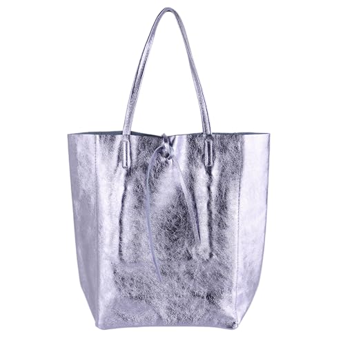 MIRROSI Shopper Damen aus Echtleder – Made in Italy – Henkeltasche & Tragetasche 38x38x16 cm – Einkaufstasche in vielen trendigen Farben – passt für A4-Ordner (Metalic Flieder) von MIRROSI