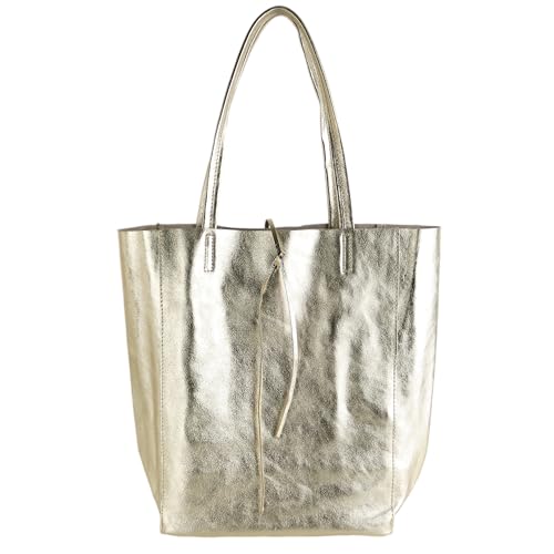 MIRROSI Shopper Damen aus Echtleder – Made in Italy – Henkeltasche & Tragetasche 38x38x16 cm – Einkaufstasche in vielen trendigen Farben – passt für A4-Ordner (Metalic Gold) von MIRROSI