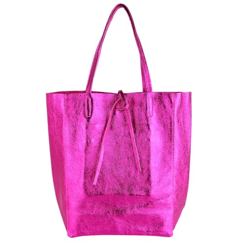 MIRROSI Shopper Damen aus Echtleder – Made in Italy – Henkeltasche & Tragetasche 38x38x16 cm – Einkaufstasche in vielen trendigen Farben – passt für A4-Ordner (Metalic Pink) von MIRROSI