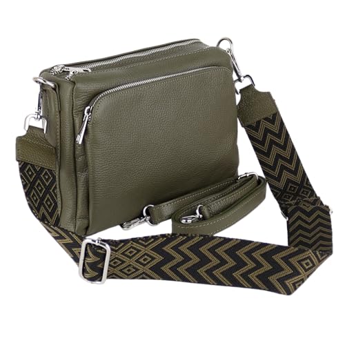 Umhängetasche Damen, Crossbody Bag, Echtleder Made in Italy (1 Tasche 2 Gurte oder Basic Version 1 Tasche 1 Gurt), 27x19x10cm (BXHXT) Mittelgroß (Khaki (Boho mit 2 Gurte)) von MIRROSI