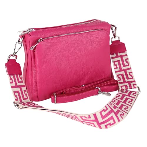 MIRROSI Umhängetasche Damen, Crossbody Bag, Echtleder Made in Italy (1 Tasche 2 Gurte oder Basic Version 1 Tasche 1 Gurt), 27x19x10cm (BXHXT) Mittelgroß (Pink (NN mit 2 Gurte)) von MIRROSI