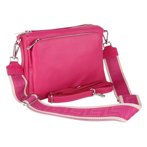 MIRROSI Umhängetasche Damen, Crossbody Bag, Echtleder Made in Italy (1 Tasche 2 Gurte oder Basic Version 1 Tasche 1 Gurt), 27x19x10cm (BXHXT) Mittelgroß (Pink (Uni mit 2 Gurte)) von MIRROSI