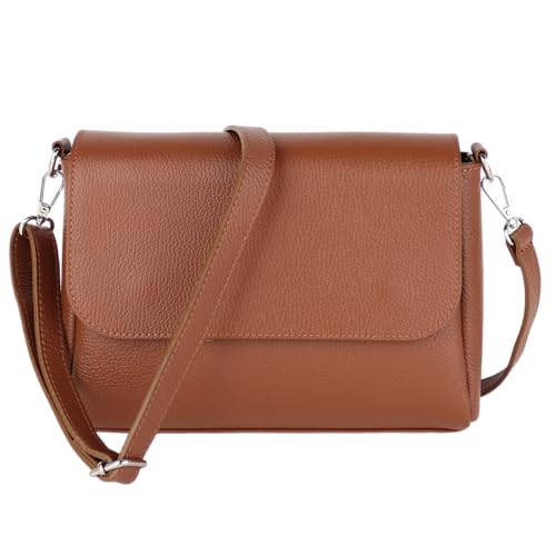 Umhängetasche Damen, Crossbody Bag, Echtleder Made in Italy (1 Tasche 2 Gurte oder Basic Version 1 Tasche 1 Gurt), 27x20x7cm (BXHXT) Mittelgroß (Basic Version (mit 1 Ledergurt): Cognac) von MIRROSI