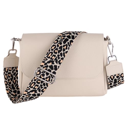 MIRROSI Umhängetasche Damen, Crossbody Bag, Echtleder Made in Italy (1 Tasche 2 Gurte oder Basic Version 1 Tasche 1 Gurt), 27x20x7cm (BXHXT) Mittelgroß (Upgrade Version (mit 2 Gurte): Beige Leo) von MIRROSI