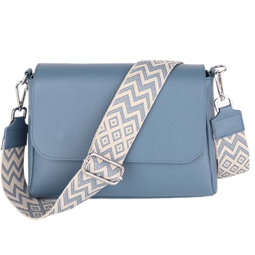MIRROSI Umhängetasche Damen, Crossbody Bag, Echtleder Made in Italy (1 Tasche 2 Gurte oder Basic Version 1 Tasche 1 Gurt), 27x20x7cm (BXHXT) Mittelgroß (Upgrade Version (mit 2 Gurte): Jeansblau Boho) von MIRROSI