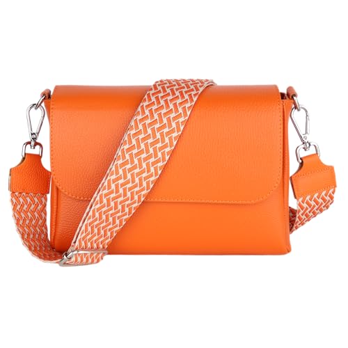 MIRROSI Umhängetasche Damen, Crossbody Bag, Echtleder Made in Italy (1 Tasche 2 Gurte oder Basic Version 1 Tasche 1 Gurt), 27x20x7cm (BXHXT) Mittelgroß (Upgrade Version (mit 2 Gurte): Orange Flecht) von MIRROSI