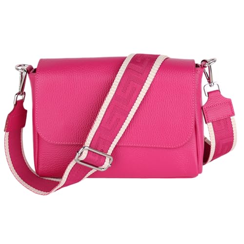 MIRROSI Umhängetasche Damen, Crossbody Bag, Echtleder Made in Italy (1 Tasche 2 Gurte oder Basic Version 1 Tasche 1 Gurt), 27x20x7cm (BXHXT) Mittelgroß (Upgrade Version (mit 2 Gurte): Pink Uni) von MIRROSI