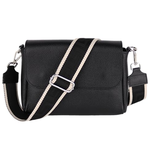 MIRROSI Umhängetasche Damen, Crossbody Bag, Echtleder Made in Italy (1 Tasche 2 Gurte oder Basic Version 1 Tasche 1 Gurt), 27x20x7cm (BXHXT) Mittelgroß (Upgrade Version (mit 2 Gurte): Schwarz Uni) von MIRROSI