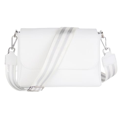 Umhängetasche Damen, Crossbody Bag, Echtleder Made in Italy (1 Tasche 2 Gurte oder Basic Version 1 Tasche 1 Gurt), 27x20x7cm (BXHXT) Mittelgroß (Upgrade Version (mit 2 Gurte): Weiß Glitzer) von MIRROSI