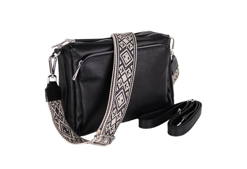 MIRROSI Umhängetasche Damen, Echtleder, Leder, Made in Italy, Mittelgroß, (Schultertasche für jeden Anlass (1 Tasche mit 1 oder 2 Gurte), 27x19x10cm, Drei Hauptfächer mit Reißverschluss), Crossbody Bag, Schwarz, gemusterten& verstellbaren Schulterriemen von MIRROSI