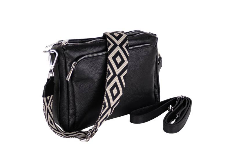 MIRROSI Umhängetasche Damen, Echtleder, Leder, Made in Italy, Mittelgroß, (Schultertasche für jeden Anlass (1 Tasche mit 1 oder 2 Gurte), 27x19x10cm, Drei Hauptfächer mit Reißverschluss), Crossbody Bag, Schwarz, gemusterten& verstellbaren Schulterriemen von MIRROSI