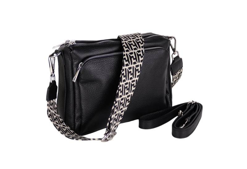 MIRROSI Umhängetasche Damen, Echtleder, Leder, Made in Italy, Mittelgroß, (Schultertasche für jeden Anlass (1 Tasche mit 1 oder 2 Gurte), 27x19x10cm, Drei Hauptfächer mit Reißverschluss), Crossbody Bag, Schwarz, gemusterten& verstellbaren Schulterriemen von MIRROSI