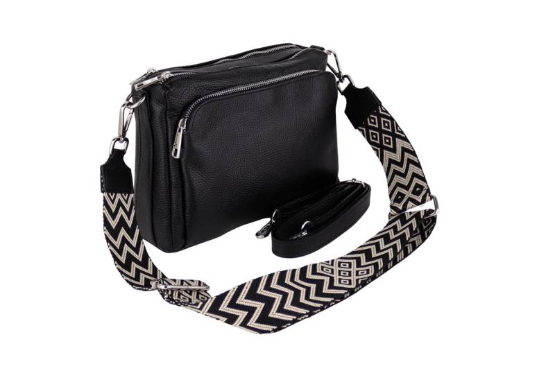 MIRROSI Umhängetasche Damen, Echtleder, Leder, Made in Italy, Mittelgroß, (Schultertasche für jeden Anlass (1 Tasche mit 1 oder 2 Gurte), 27x19x10cm, Drei Hauptfächer mit Reißverschluss), Crossbody Bag, Schwarz, gemusterten& verstellbaren Schulterriemen von MIRROSI