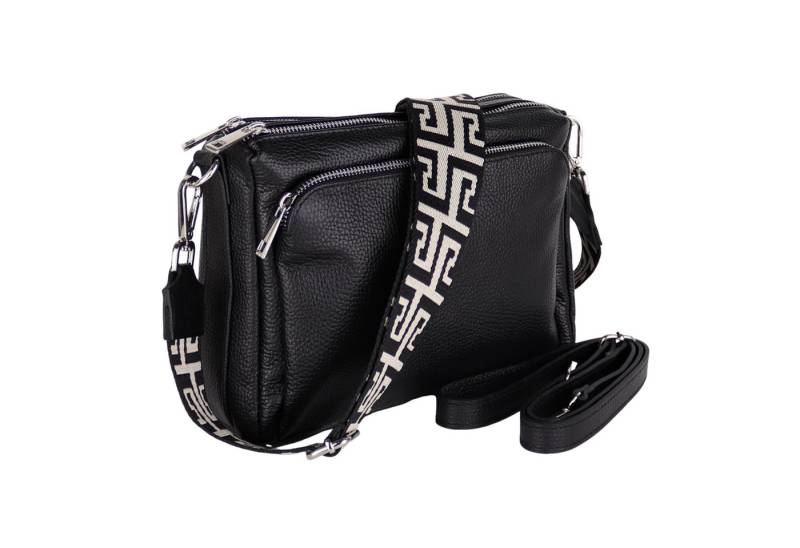 MIRROSI Umhängetasche Damen, Echtleder, Leder, Made in Italy, Mittelgroß, (Schultertasche für jeden Anlass (1 Tasche mit 1 oder 2 Gurte), 27x19x10cm, Drei Hauptfächer mit Reißverschluss), Crossbody Bag, Schwarz, gemusterten& verstellbaren Schulterriemen von MIRROSI