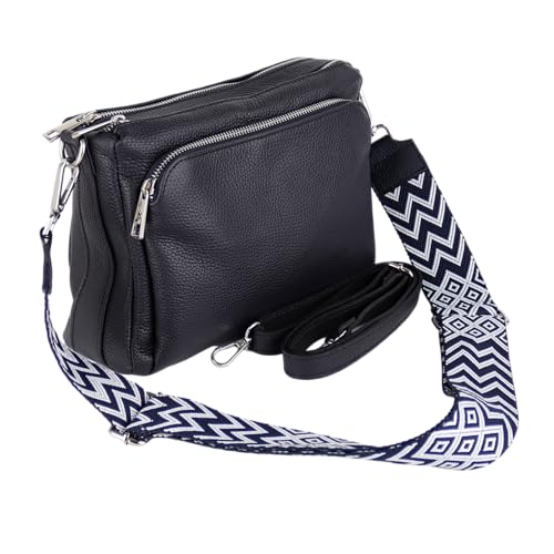 Umhängetasche Damen, Crossbody Bag, Echtleder Made in Italy (1 Tasche 2 Gurte oder Basic Version 1 Tasche 1 Gurt), 27x19x10cm (BXHXT) Mittelgroß (Navy (Boho mit 2 Gurte)) von MIRROSI