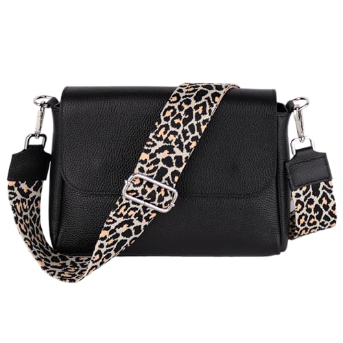 Umhängetasche Damen, Crossbody Bag, Echtleder Made in Italy (1 Tasche 2 Gurte oder Basic Version 1 Tasche 1 Gurt), 27x20x7cm (BXHXT) Mittelgroß (Upgrade Version (mit 2 Gurte): Schwarz Leopard) von MIRROSI