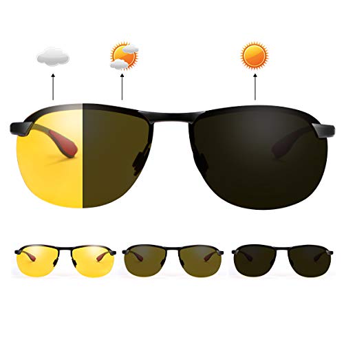 MIRYEA Herren Photochromatisch Sportbrille Polarisiert Rechteckig Sonnenbrille Al-Mg Metallrahmen Fahrer Anti Reflexbeschichtung 100% UVA UVB Schutz für Golf, Angeln, Autofahren, Outdoor-Aktivitäten von MIRYEA