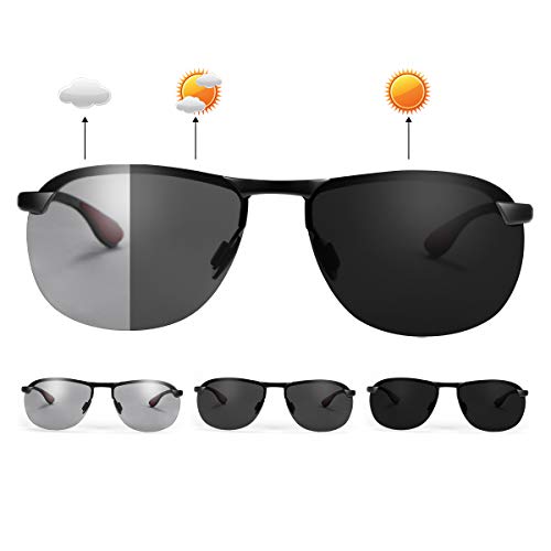 MIRYEA Herren Photochromatisch Sportbrille Polarisiert Rechteckig Sonnenbrille Al-Mg Metallrahmen Fahrer Anti Reflexbeschichtung 100% UVA UVB Schutz für Golf, Angeln, Autofahren, Outdoor-Aktivitäten von MIRYEA