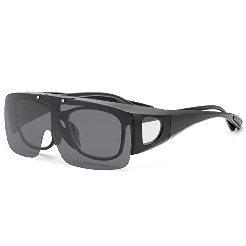 Passt über normale Korrektionsbrillen mit aufklappbarer polarisierter Linse, sichere Fahrbrille, blendfreie Sonnenbrille Shield Wrap Around Shades UV-Schutzbrille Rechteckbrille für Damen Herren von MIRYEA