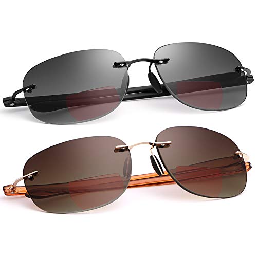 Randlos Bifokale Lesebrille mit Etui Sonnebrille Getönte Gläser Outdoor Sport Sonnenleser Blau Licht blockierende Computer Brille Vintage für Unisex Frauen Männer Nah und Fern UV Blocker Lesegeräte von MIRYEA